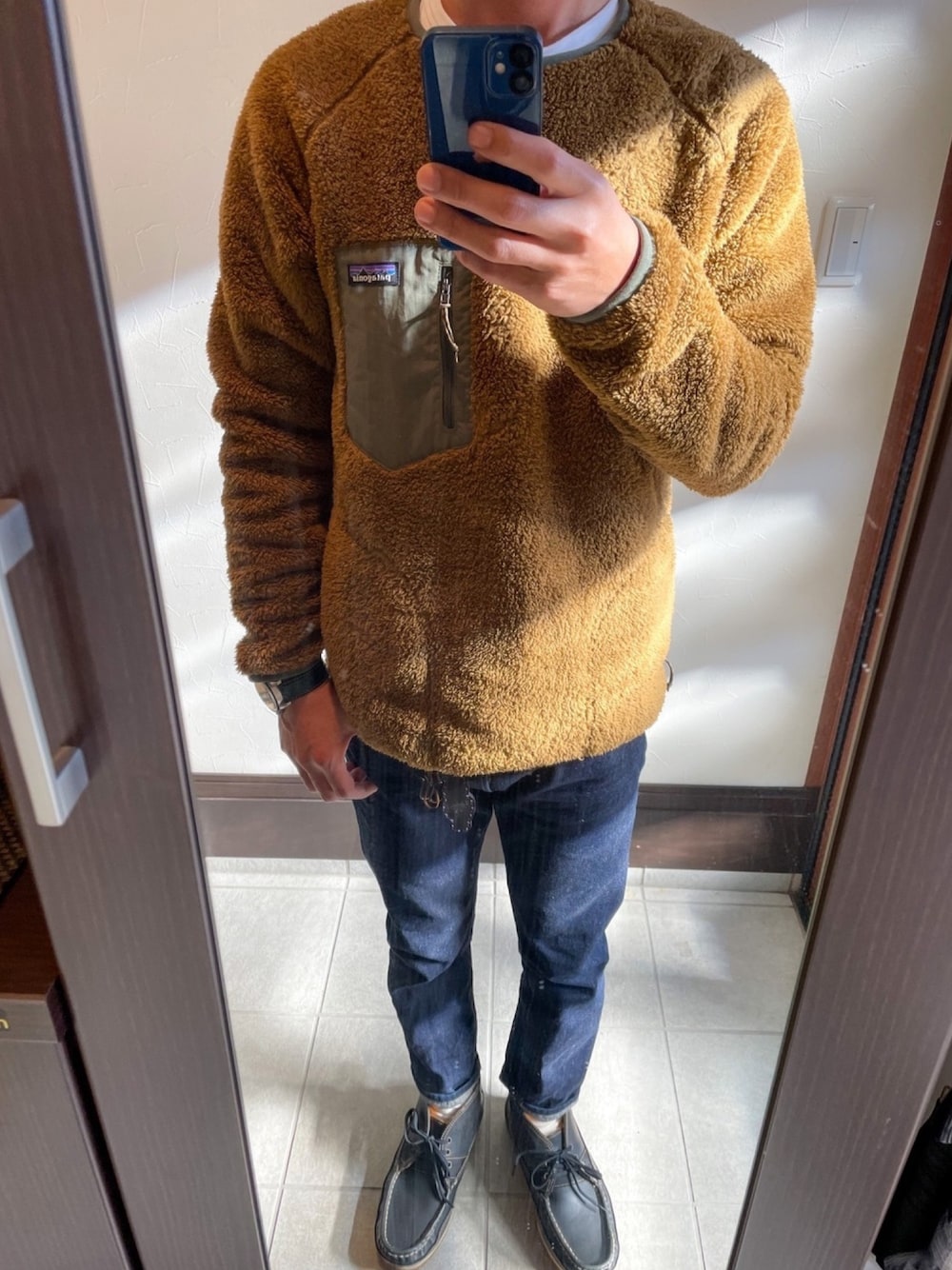 「今日のコーデ、冬コーデ、beams plus、patagonia、ロスガトスクルー、Sandinista、ROSTER SOX、terrem、おっさん、ワンランク上のカジュアルおっさん」｜「BEAMS PLUSのアイテム（ニットキャップ/ビーニー、ブルー系）」を使った、いんてるさん（メンズ・176cm）の冬コーディネートの1枚目の写真