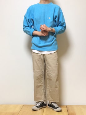 「Champion（チャンピオン）のアイテム（ニット/セーター）」を使った、DAISUKE SAKUMAさん（メンズ・173cm）の春コーディネート