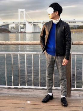 「BLACK LABEL CRESTBRIDGE（ブラックレーベル・クレストブリッジ）のアイテム（ライダースジャケット）」を使った、Mattさん（メンズ・172cm）の冬コーディネート