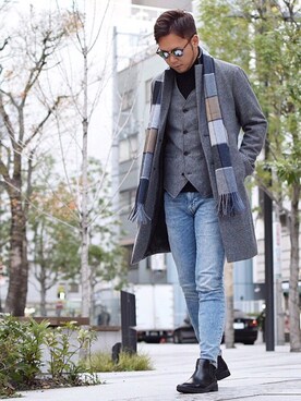 「PLST（プラステ）のアイテム（チェスターコート）」を使った、Shintaroさん（メンズ・184cm）の冬コーディネート