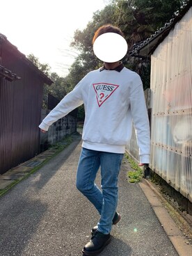「Guess（ゲス）のアイテム（スウェット）」を使った、ろばみみさん（メンズ・166cm）の春コーディネート