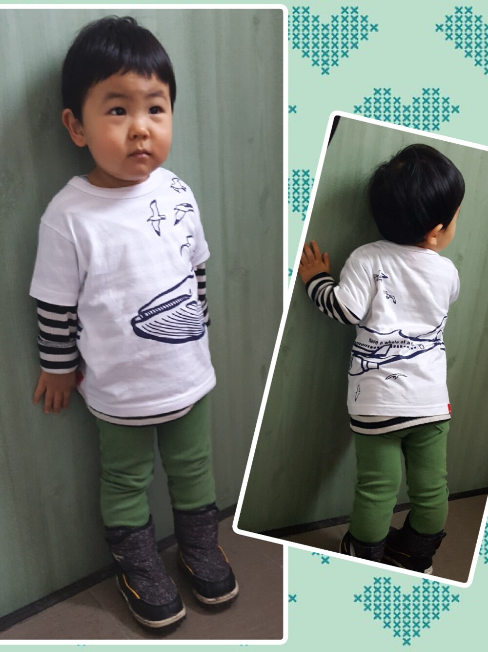 「おとこのこ、2歳3ヶ月、レギンス、Tシャツ、ボーダー、重ね着、ニット帽、散髪、スノーピーク」｜「DAISOのアイテム（ニットキャップ/ビーニー、ブラック系）」を使った、KOU🐴HAKKU🌳さん（キッズ・80cm）の冬コーディネートの1枚目の写真