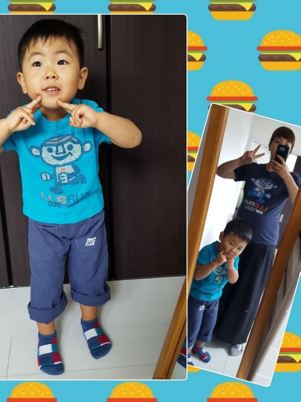 「おとこのこ、2歳9ヶ月、New Balance、Laundry、キャップ、MERRELL(MERRELL)、お揃い、妊婦、9ヶ月、ワイドパンツ」｜「GAPのアイテム（キャップ、ブルー系）」を使った、KOU🐴HAKKU🌳さん（キッズ・90cm）の夏コーディネートの1枚目の写真