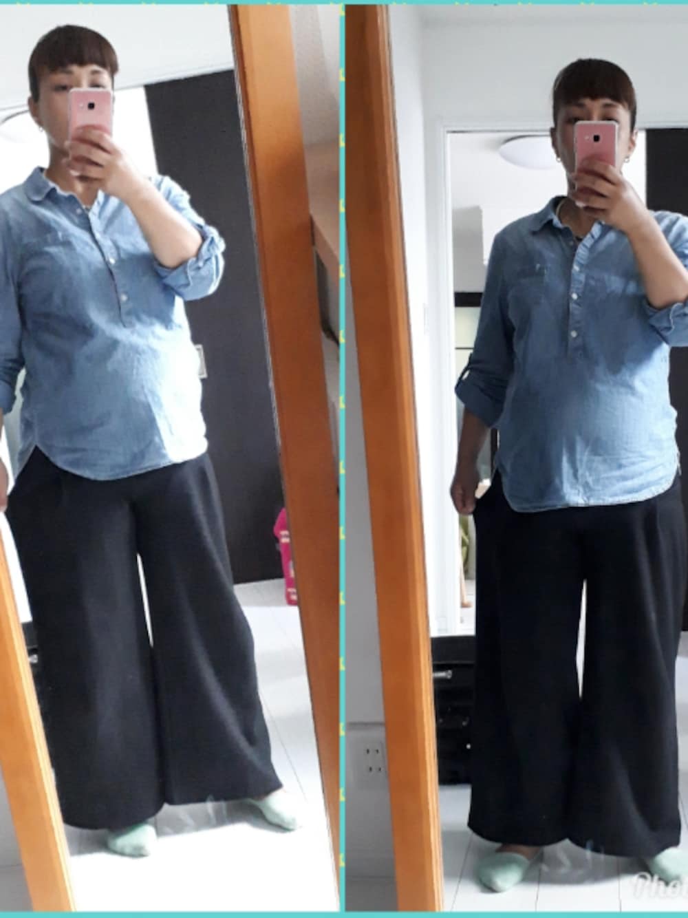 「マタニティー、臨月、モカシン、ワイドパンツ、デニムシャツ、GAP、西松屋、チチカカ」｜「GAPのアイテム（シャツ/ブラウス、ブルー系）」を使った、KOU🐴HAKKU🌳さん（キッズ・90cm）の秋コーディネートの1枚目の写真
