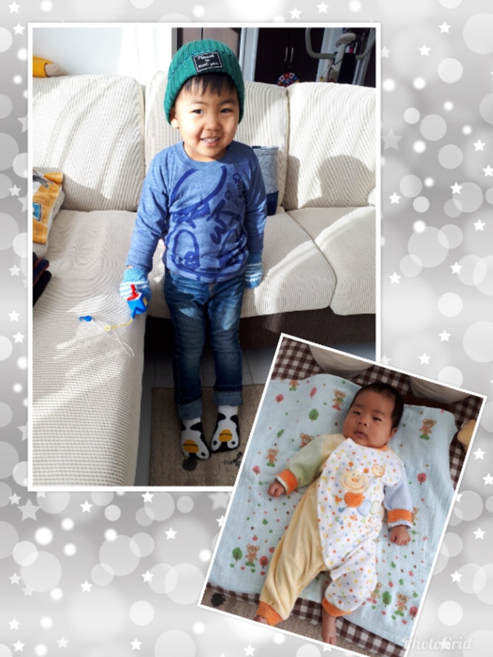 「おとこのこ、3歳、デニム、ロンT、ニット帽、２ヶ月、ロンパース」｜「BeBeのアイテム（ニットキャップ/ビーニー、グリーン系）」を使った、KOU🐴HAKKU🌳さん（キッズ・90cm）の冬コーディネートの1枚目の写真