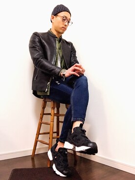 「アイテム（ライダースジャケット）」を使った、mo_o_riさん（メンズ・174cm・30代）の冬コーディネート