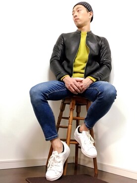 「アイテム（ライダースジャケット）」を使った、mo_o_riさん（メンズ・174cm・30代）の春コーディネート