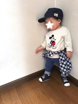 「ダイソー」｜「アイテム（キャスケット）」を使った、yuuuuuさん（キッズ・80cm）の春コーディネート
