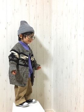 「カウチンセーター」｜「アイテム（ニットキャップ/ビーニー）」を使った、Yuzu𓈒𓏸𓐍さん（キッズ・90cm）の冬コーディネート