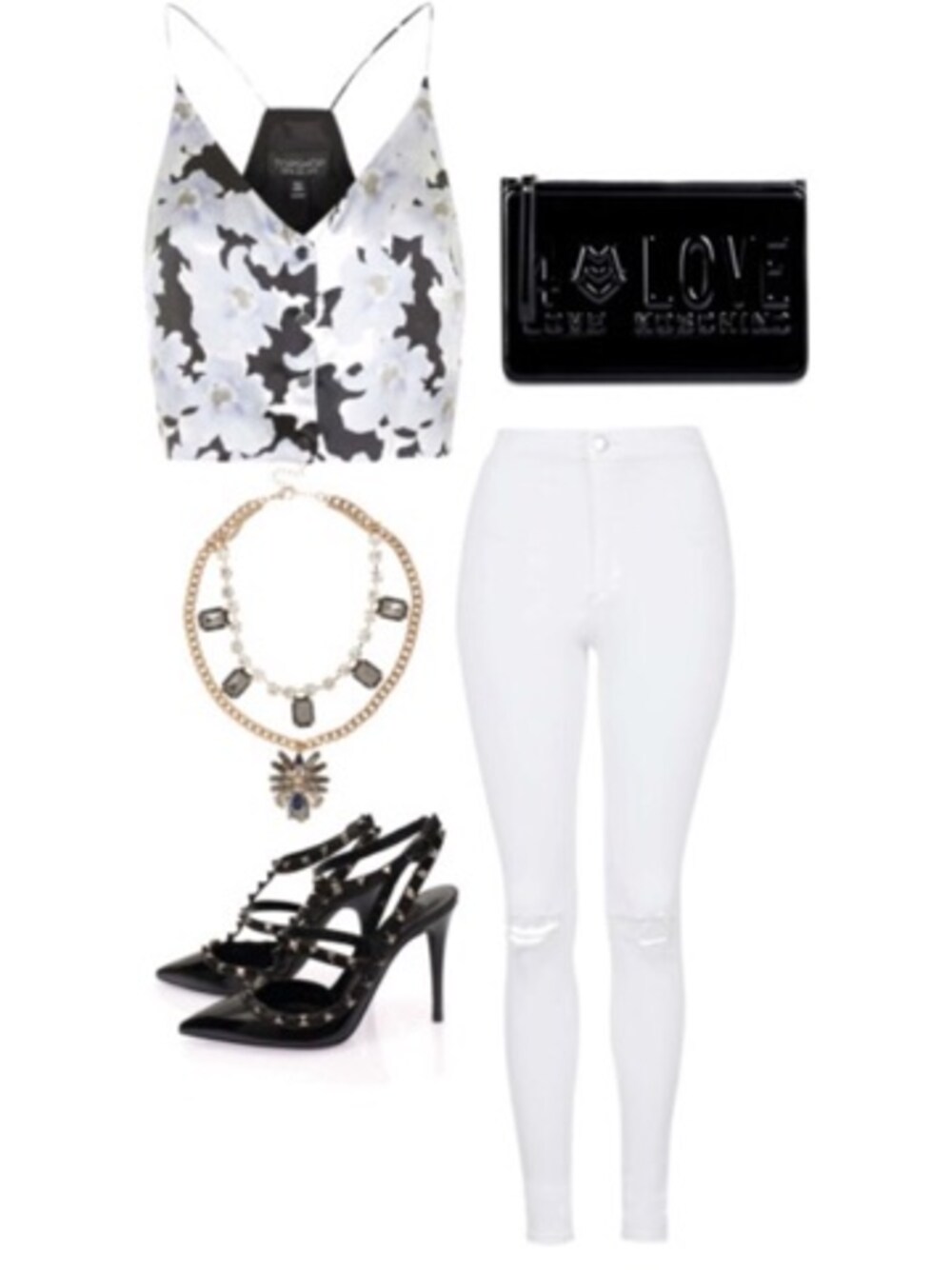 「BAG、clutch、cropped、heels、High-waisted、jeans、MOSCHINO、top、TOPSHOP、valentino」｜Ali Levineさん（レディース）の夏コーディネートの1枚目の写真