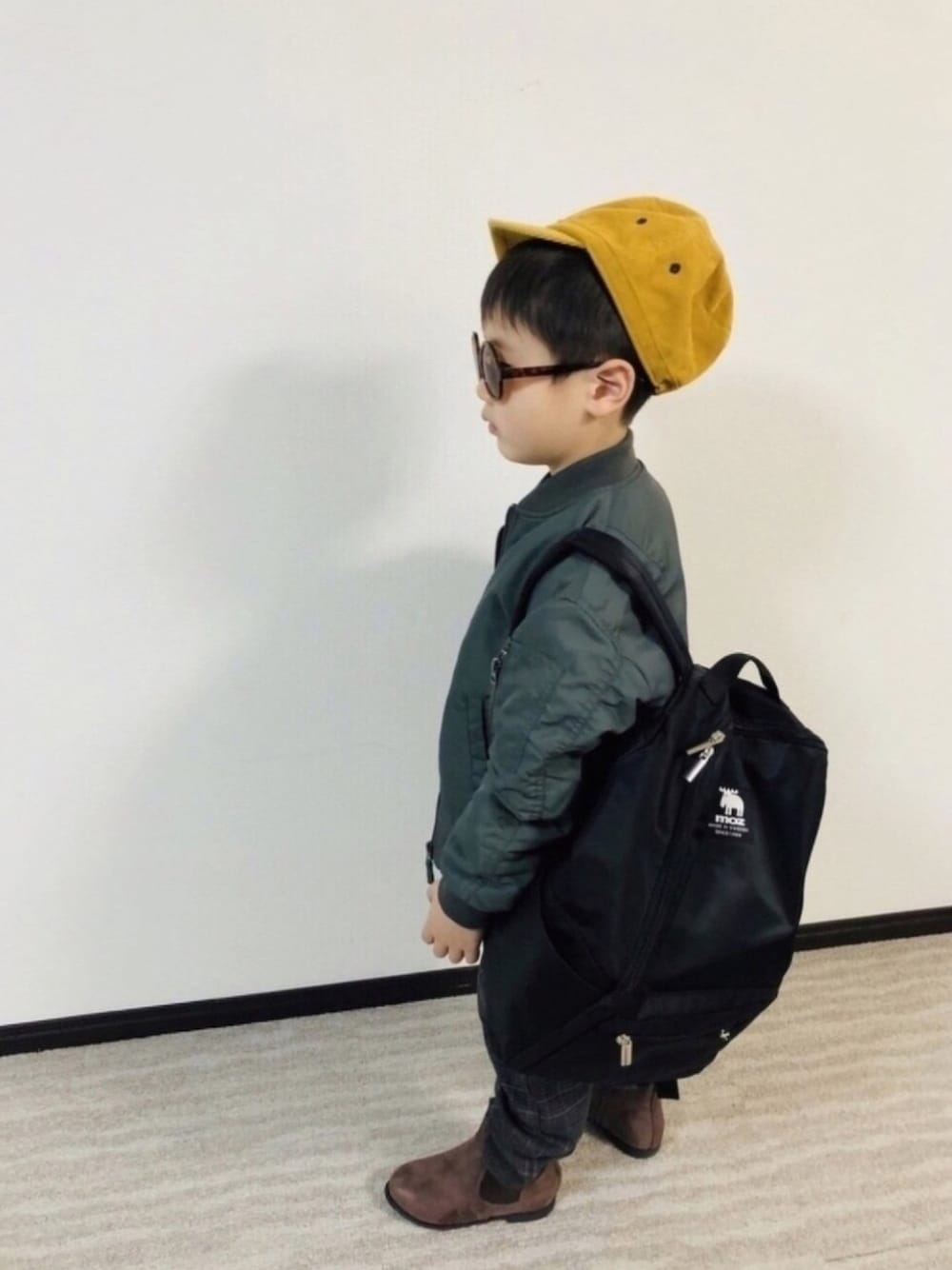 「冬アウター着回しチャレンジ、MA-1、キッズファッション、男の子コーデ、カジュアルコーデ、おとこのこ、5歳、チェックパンツ」｜「UNIQLOのアイテム（MA-1、グリーン系）」を使った、syun★さん（キッズ・110cm）の冬コーディネートの1枚目の写真