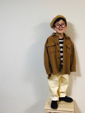 「アイテム（ミリタリージャケット、イエロー系）」を使った、syun★さん（キッズ・110cm）の冬コーディネート