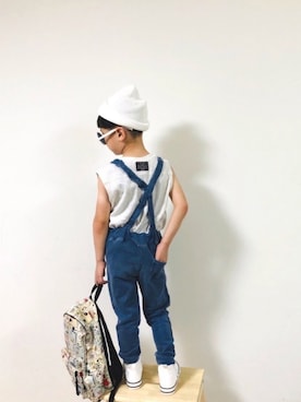 「バックロゴ」｜「アイテム（ニットキャップ/ビーニー）」を使った、syun★さん（キッズ・110cm）の夏コーディネート