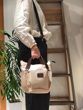 「folna（フォルナ）のアイテム（かごバッグ、ベージュ系）」を使った、阪本 ケイコさん（レディース・160cm）の春コーディネート