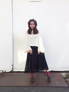 「袖ボリューム」｜「アイテム（ハンチング/ベレー帽）」を使った、bakeさん（レディース・160cm）の秋コーディネート