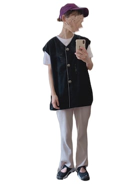 「アイテム（キャップ、パープル系）」を使った、rinaさん（レディース・156cm）の夏コーディネート