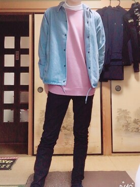 「デニムコーチジャケット」｜「アイテム（スウェット）」を使った、れもんさん（メンズ・173cm）の春コーディネート