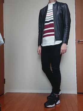 「ボーダーニット」｜「アイテム（ライダースジャケット）」を使った、sho8さん（メンズ・181cm）の春コーディネート