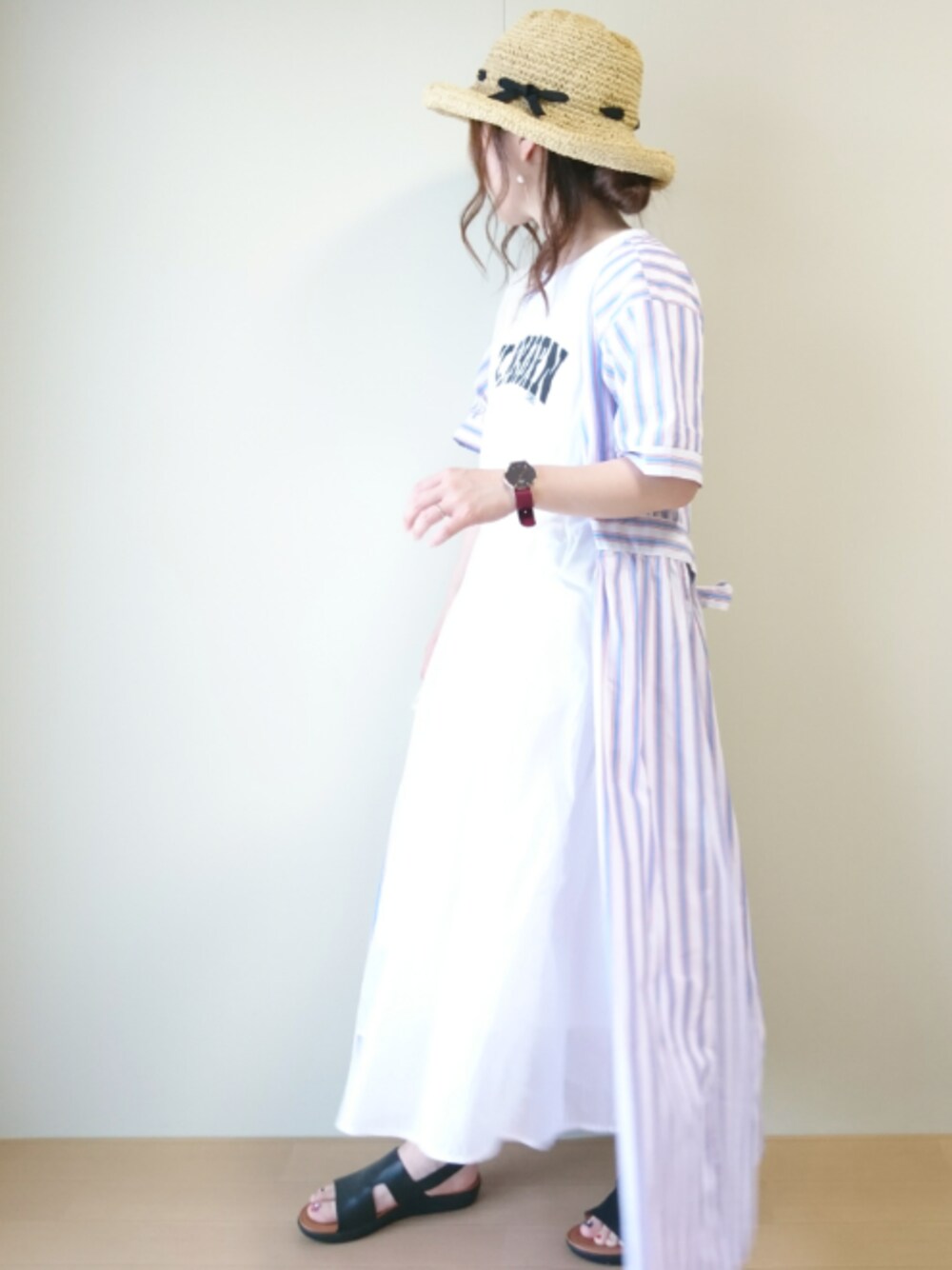 「SENSEOFPLACE、センスオブプレイス、fitflop、カジュアルコーデ、Daniel Wellington、PR、サンダル、低身長、perkyroom、ハット」｜「negoziettoのアイテム（ピアス（両耳用）、ゴールド系）」を使った、CHAMUさん（レディース・149cm）の春コーディネートの1枚目の写真