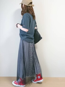 「SENSE OF PLACE by URBAN RESEARCH（センスオブプレイスバイアーバンリサーチ）のギンガムチェックリバーシブルスカート（スカート）」を使った、CHAMUさん（レディース・149cm）の夏コーディネート