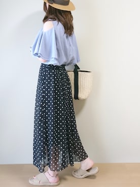 「OZOC（オゾック）のアイテム（かごバッグ）」を使った、CHAMUさん（レディース・149cm）の夏コーディネート