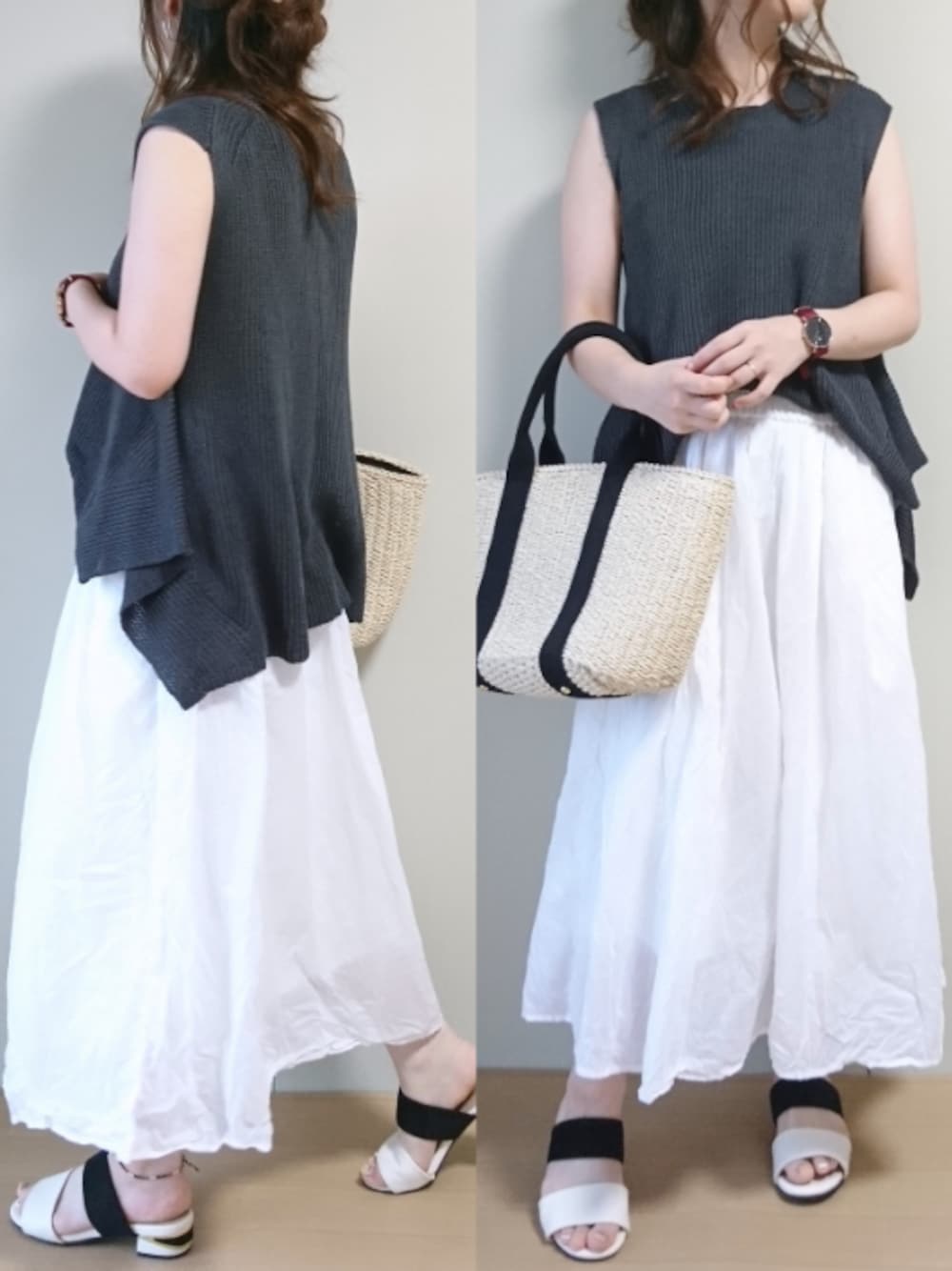 「カリテ(qualite)、shoesincloset、シュークロ、PR、夏コーデ、バイカラーサンダル、ロングスカート、カコバッグ、ノースリーブ、低身長」｜「qualiteのハンカチーフヘムニット（ニット/セーター、グレー系）」を使った、CHAMUさん（レディース・149cm）の夏コーディネートの1枚目の写真