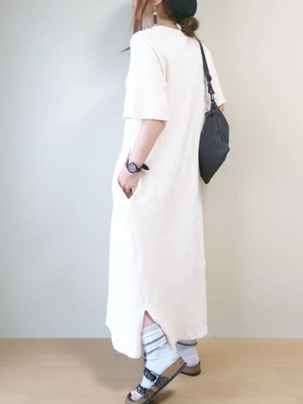 「GREEN BOWL、birkenstock、MAYARI、RIRILA、PR、ソックス、サンダルに靴下、ベレー帽、サコッシュ、低身長」｜「WEGOのWEGO/パネルベレー帽（ハンチング/ベレー帽、ブラック系）」を使った、CHAMUさん（レディース・149cm）の夏コーディネートの1枚目の写真