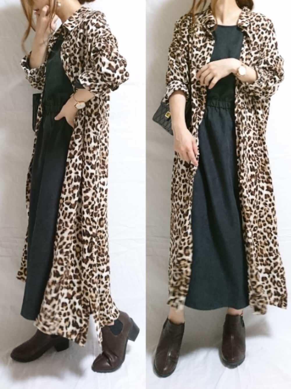 「LIPSTAR、ketty cherie、ひょう柄、レオパード、シャツワンピ、秋のブラウンスタイル、ショートブーツ、低身長、秋のコーデ、サイドゴアブーツ」｜「ketty cherieのピーチブラウジングワンピース（ワンピース、ブラック系）」を使った、CHAMUさん（レディース・149cm）の秋コーディネートの1枚目の写真