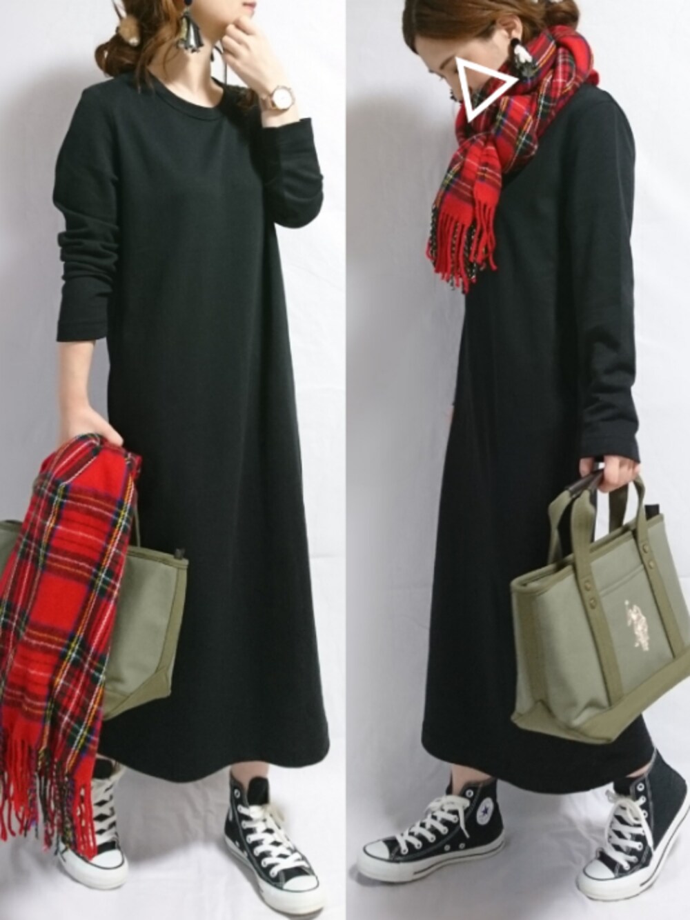 ブラック系のワンピース、グリーン系のトートバッグ、レッド系のストール/ショールを着用したレディースの秋コーディネートの1枚目の写真