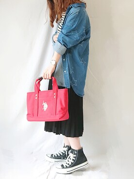 「アイテム（トートバッグ、レッド系）」を使った、CHAMUさん（レディース・149cm）の春コーディネート