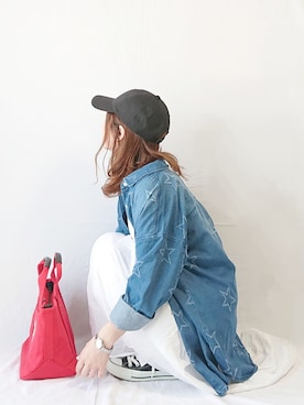 「アイテム（トートバッグ、レッド系）」を使った、CHAMUさん（レディース・149cm）の春コーディネート