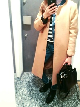 「Ungrid（アングリッド）のリブボーダーニット（ニット/セーター、ブルー系）」を使った、nikoさん（レディース・155cm）の冬コーディネート