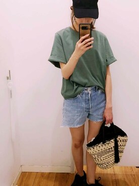 「UNIQLO（ユニクロ）のクロップドクルーネックＴ（半袖）（Tシャツ/カットソー、グリーン系）」を使った、nikoさん（レディース・155cm）の春コーディネート