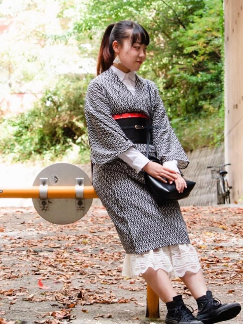 「着物、着物コーデ、モノトーン、モノトーンコーデ、着物女子、カジュアル着物、ootd、kimono、普段着物」｜「w closetのアイテム（スカート、ホワイト系）」を使った、ちとせ 萌さん（レディース・160cm）の秋コーディネートの1枚目の写真