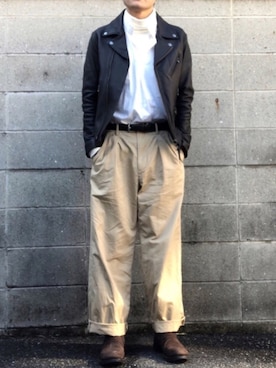 「MONKEY TIME（モンキータイム）のアイテム（ライダースジャケット）」を使った、kulaさん（メンズ・173cm）の春コーディネート