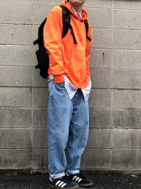 パーカー オレンジ系 を使った ストライプシャツ の人気ファッションコーディネート Wear