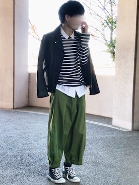 「MONKEY TIME（モンキータイム）のアイテム（ライダースジャケット）」を使った、kulaさん（メンズ・173cm）の秋コーディネート