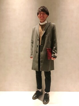 「RAGEBLUE（レイジブルー）のアイテム（チェスターコート）」を使った、上村たかてるさん（メンズ・172cm）の秋コーディネート