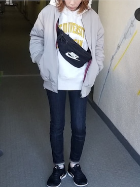 「ジーユー」｜「アイテム（MA-1）」を使った、saaayaaaさん（レディース・152cm）の秋コーディネート