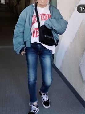 「Ungrid（アングリッド）のインディゴフレイドヘムストスリ（デニムパンツ）」を使った、saaayaaaさん（レディース・152cm）の冬コーディネート