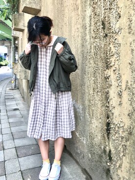 「チェックワンピース」｜「アイテム（ブルゾン）」を使った、ChiHsinさん（レディース・162cm）の春コーディネート