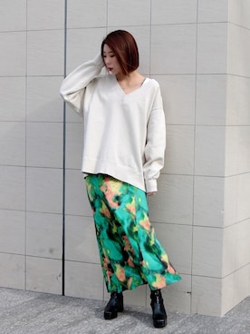 「アイテム（スカート、グリーン系）」を使った、sahyaさん（レディース・165cm）の冬コーディネート