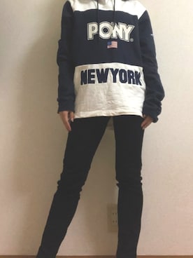 「PONY（ポニー）の∴WEGO/PONYメッシュロゴプルパーカー（パーカー、ブルー系）」を使った、まいまいさん（レディース）の秋コーディネート