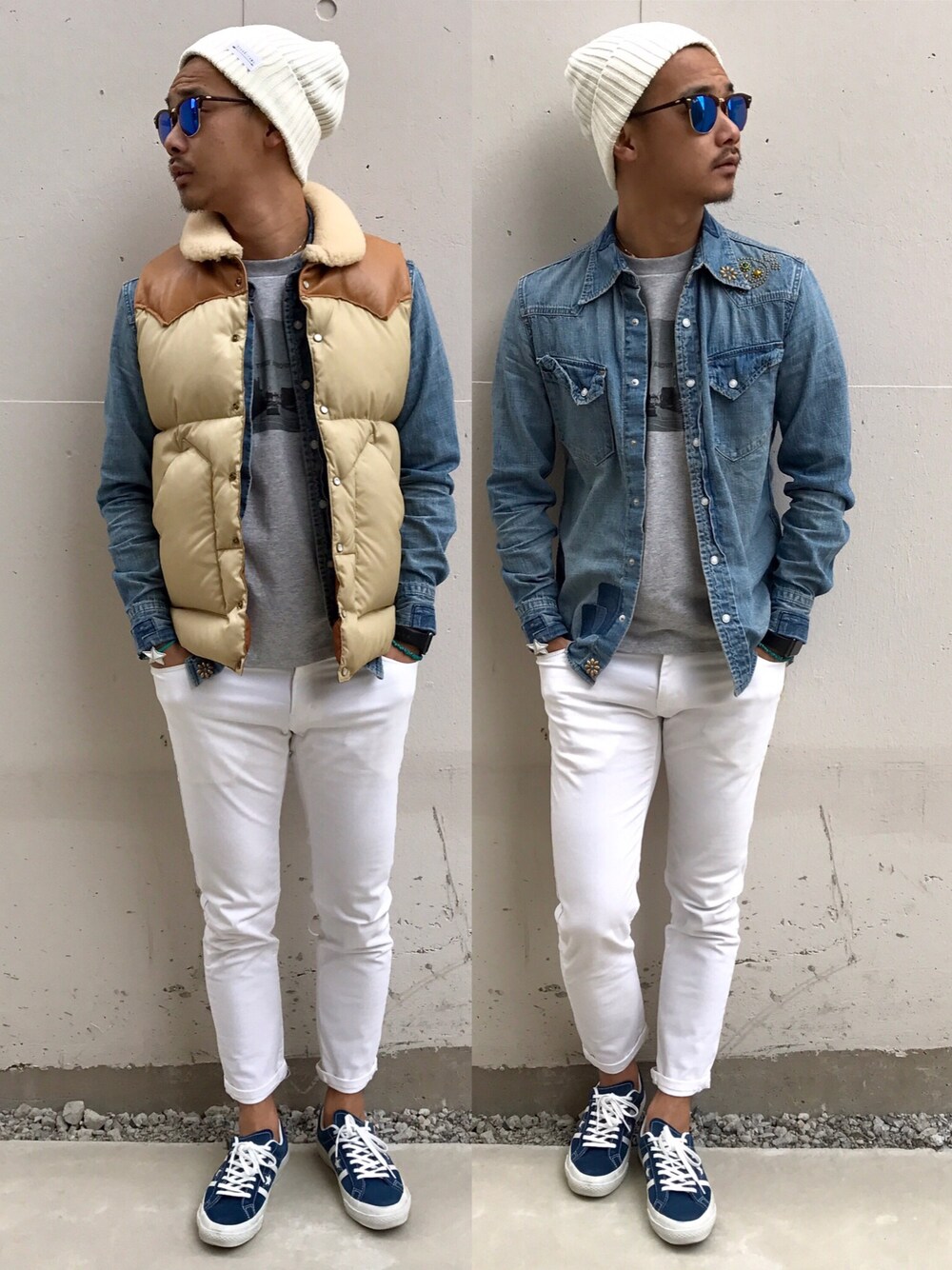 「ThreeArrows、Rockymountain、REMI RELIEF、BEAMS、H&M、converse、ray ban、RHC、RonHerman、大人カジュアル」｜「REMI RELIEFのアイテム（シャツ/ブラウス、ブルー系）」を使った、$$$_threearrowsさん（メンズ・165cm）の冬コーディネートの1枚目の写真