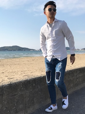 「H&M（エイチ・アンド・エム）のアイテム（シャツ/ブラウス、ホワイト系）」を使った、$$$_threearrowsさん（メンズ・165cm）の春コーディネート
