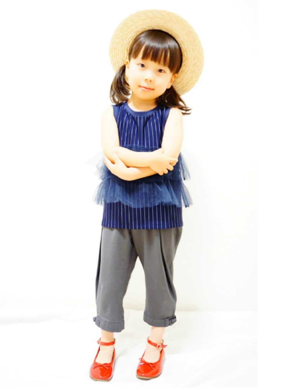 「kidsfashion、夏コーデ、plumeblanche、Tappet、ストローハット、summer、集まれ！北関東キッズ★」｜「plume blancheの[90-140]チュールティアード ストライプタンクトップ（Tシャツ/カットソー、ブルー系）」を使った、ゆん☺さん（キッズ・100cm）の夏コーディネートの1枚目の写真