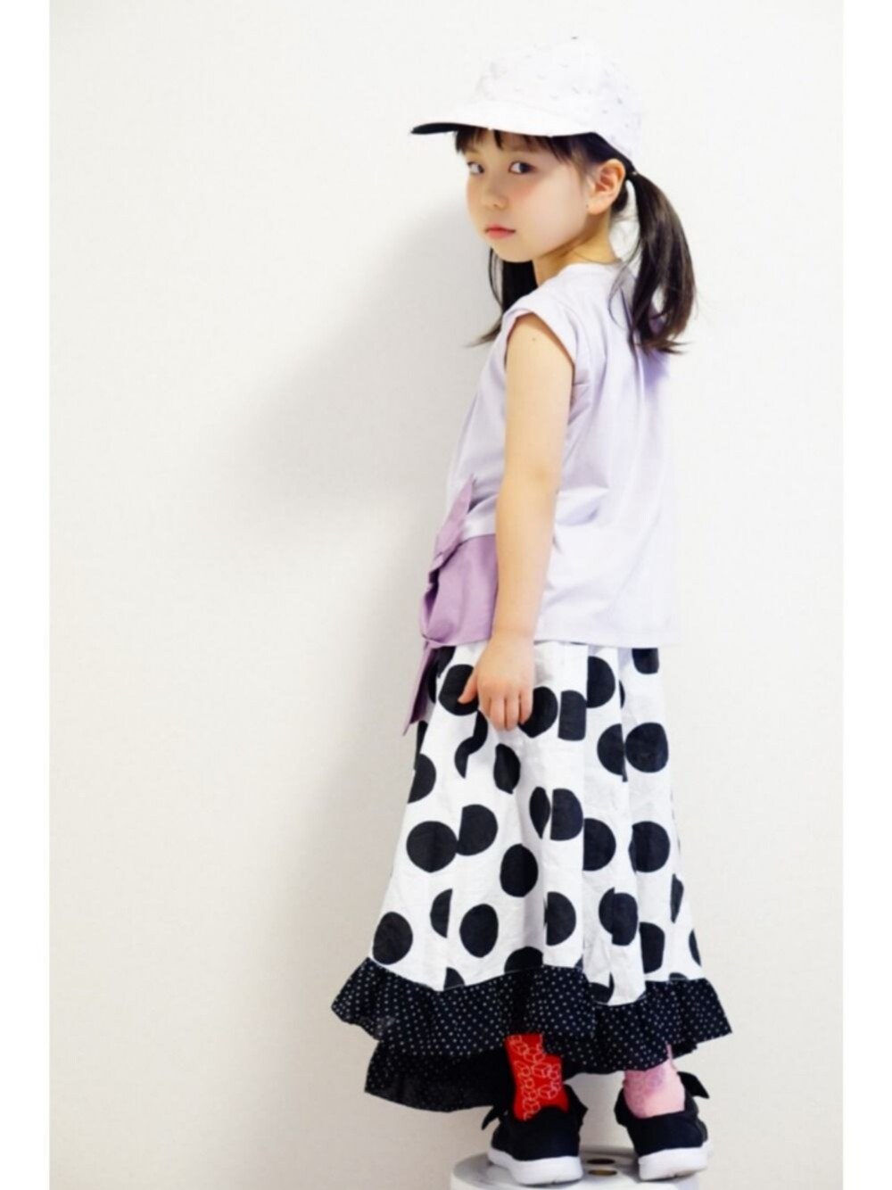 「キッズコーデ、夏コーデ、キッズファッション、おしゃれさんと繋がりたい、フランキーグロウ、ギャルソンラレゾン、プリュムブランシェ、garconlaraison、plume blanche、frankygrow」｜「frankygrowのアイテム（キャップ、ピンク系）」を使った、ゆん☺さん（キッズ・110cm）の春コーディネートの1枚目の写真