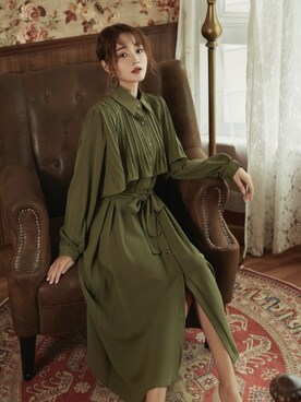 「fluffy.のアイテム（One piece dress、グリーン系）」を使った、 fluffy.directorさん（レディース・155cm）の冬コーディネート