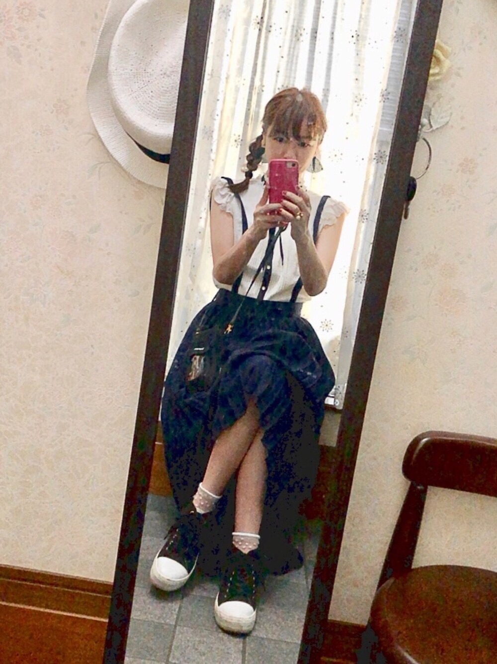 「夏コーデ、夏、おしゃれさんと繋がりたい、楽チンコーデ、プリーツスカート、サスヘンダーコーデ、マキシ丈ワンピース、ロングスカート」｜「GUILD PRIMEの【GUILD PRIME】WOMEN ウィングスリーブピンタックブラウス（シャツ/ブラウス、ホワイト系）」を使った、joeさん（レディース・158cm）の夏コーディネートの1枚目の写真