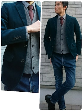 「COMME CA ISM（コムサイズム）のアイテム（テーラードジャケット、ブルー系）」を使った、べポさん（メンズ・175cm）の秋コーディネート